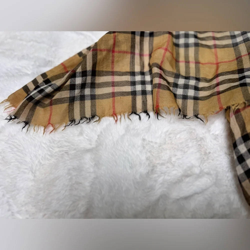 Burberry Wool Silk Checkered Antique Lightweight Large Scarf, Tan / Black - Picture 4 of 9